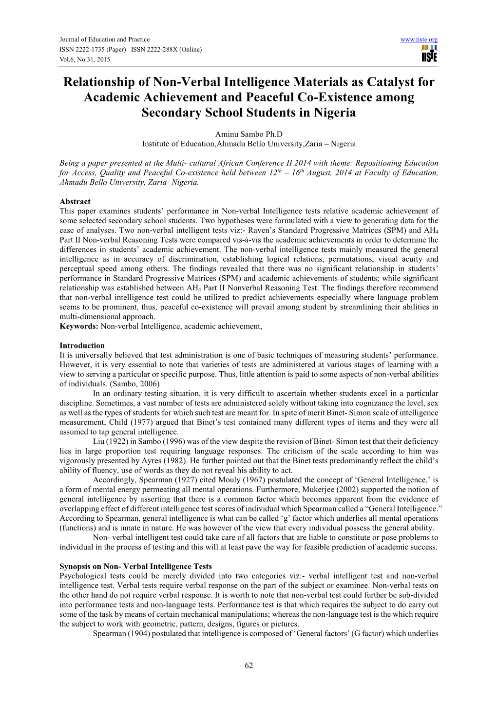 Relationship of Non-Verbal Intelligence Materials As Catalyst for Academic Achievement and Peaceful Co-Existence Among Secondary School Students in Nigeria