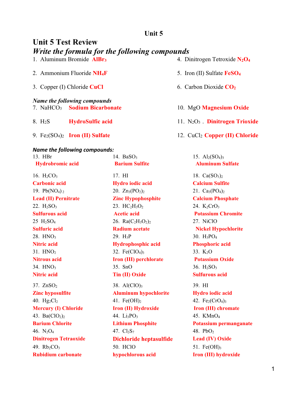 Unit 5 Test Review Write the Formula for the Following Compounds 1