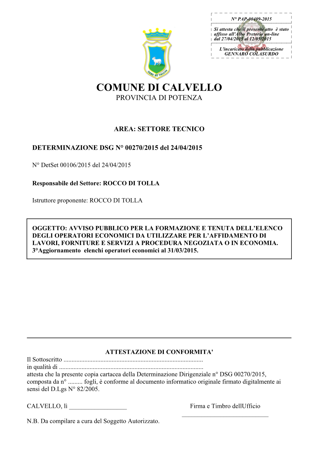 Comune Di Calvello Provincia Di Potenza