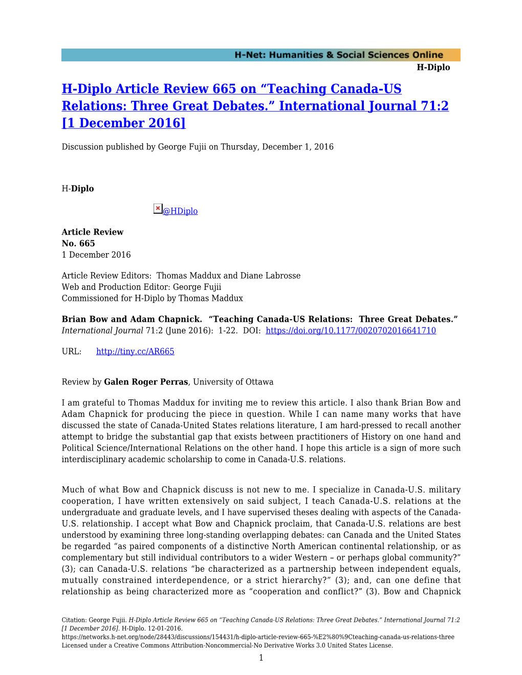 H-Diplo Article Review 665 on “Teaching Canada-US Relations: Three Great Debates.” International Journal 71:2 [1 December 2016]