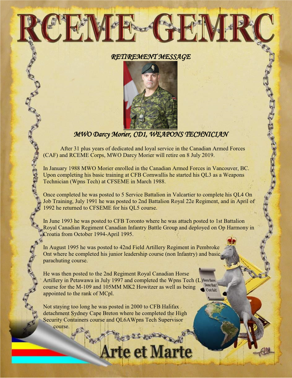 RETIREMENT MESSAGE MWO Darcy Morier, CD1, WEAPONS