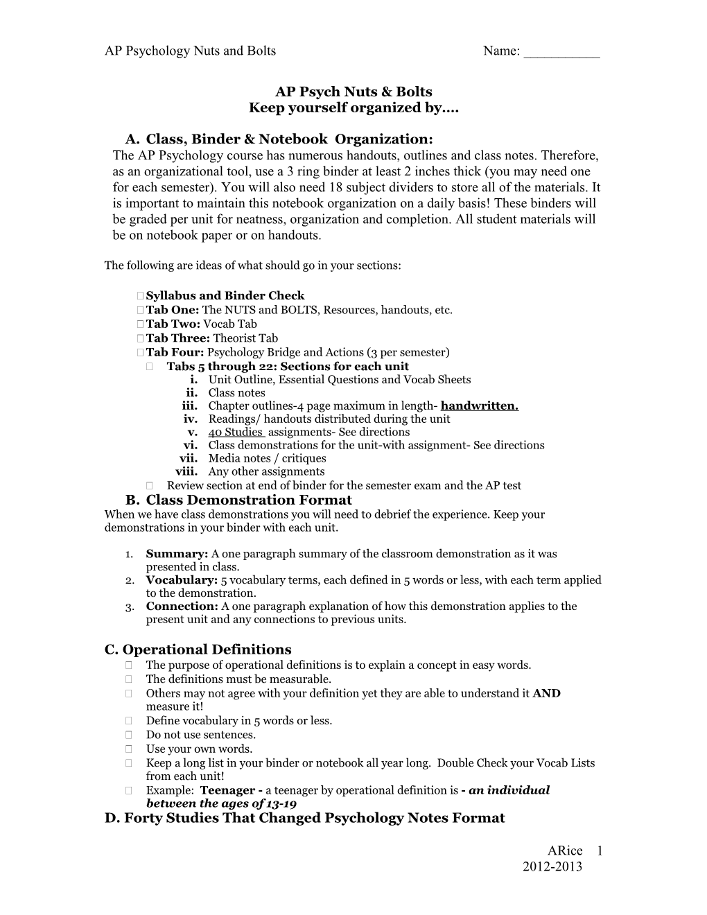 Class Demonstration Format