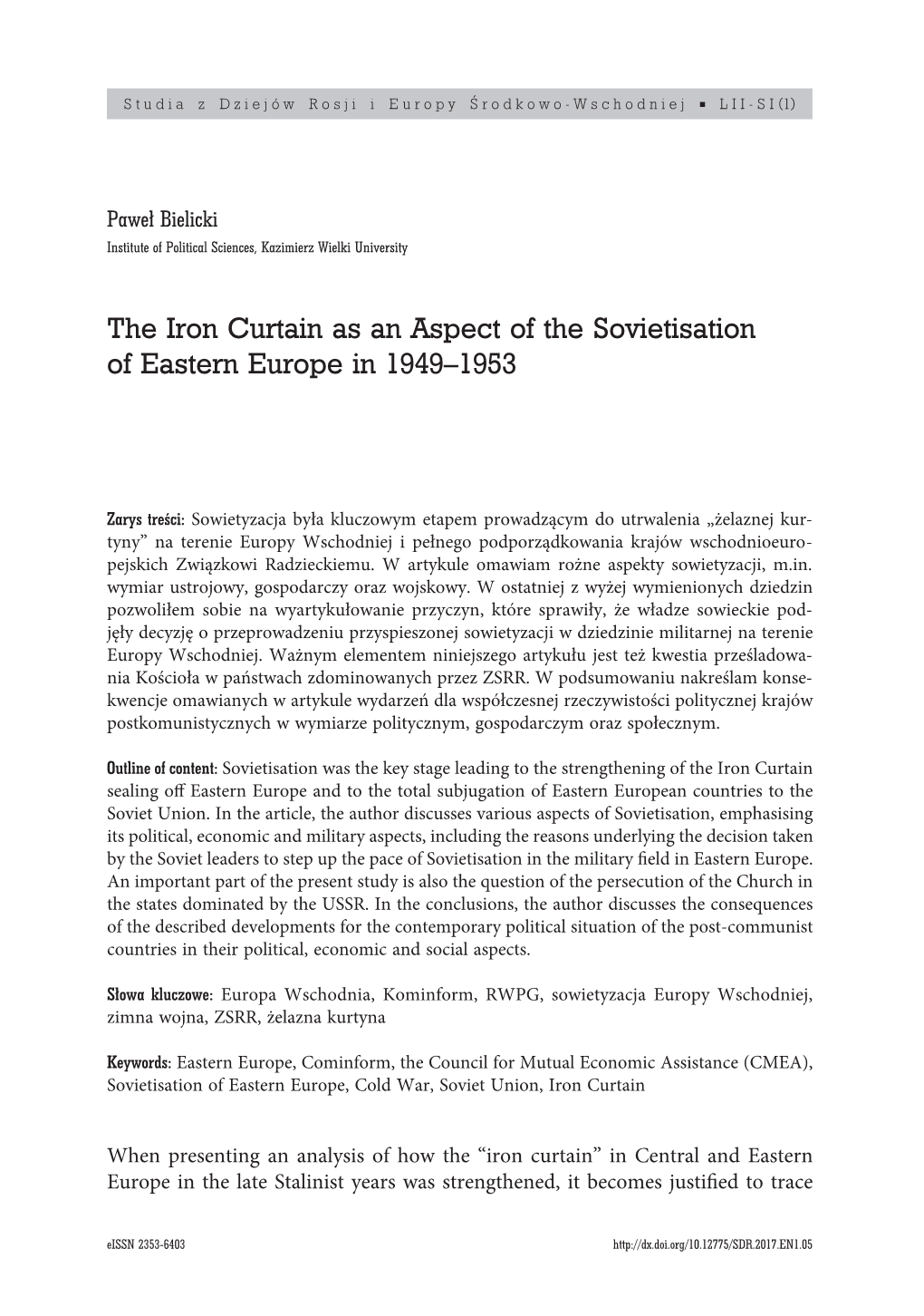 The Iron Curtain As an Aspect of the Sovietisation of Eastern Europe in 1949–1953