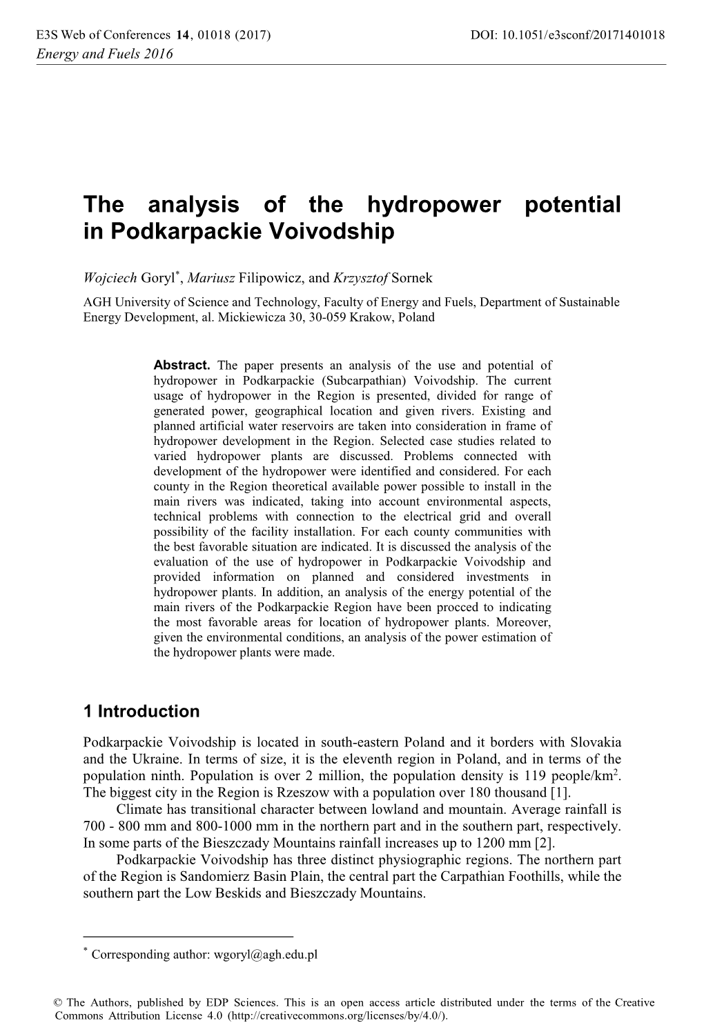 The Analysis of the Hydropower Potential in Podkarpackie Voivodship