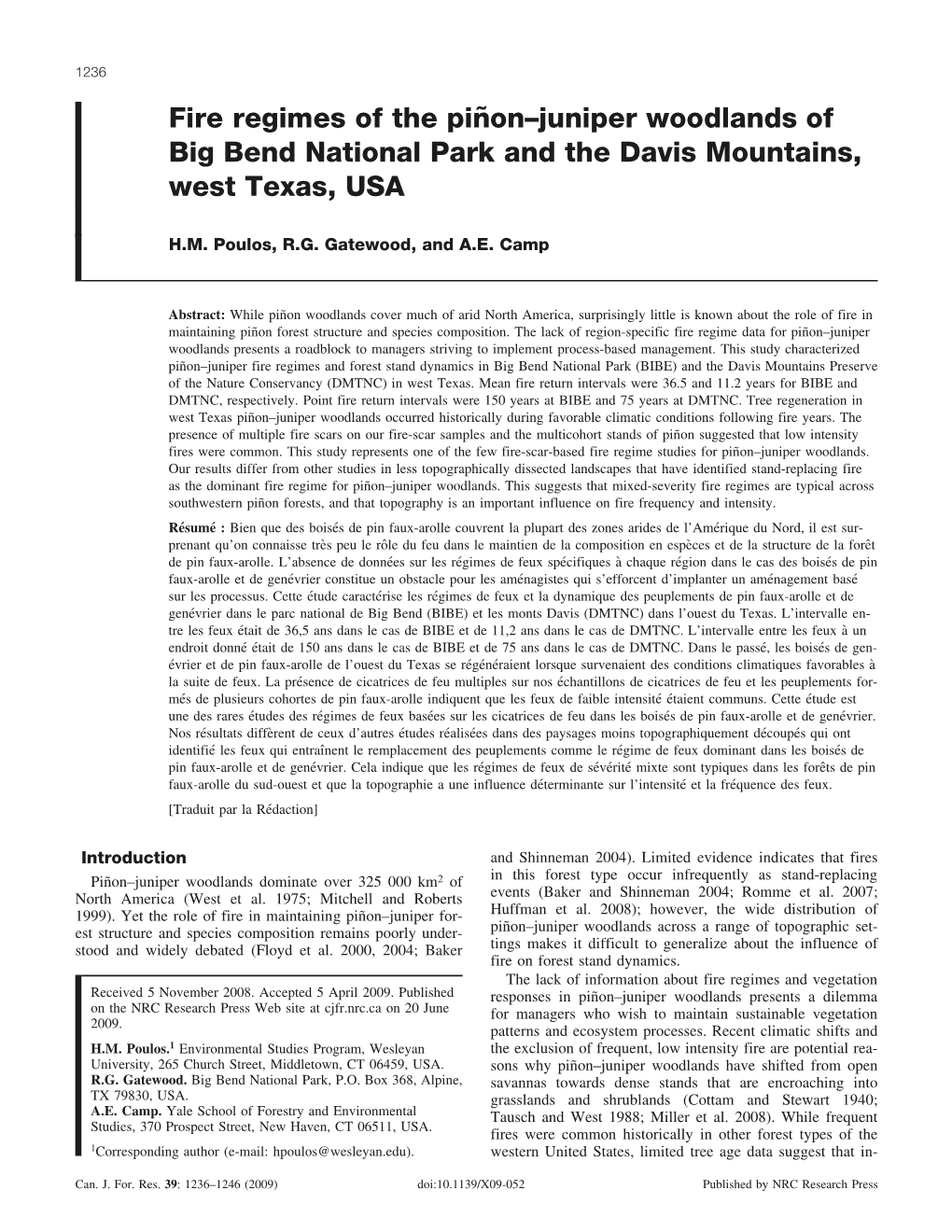 Fire Regimes of the Pin˜ On–Juniper Woodlands of Big Bend National Park and the Davis Mountains, West Texas, USA