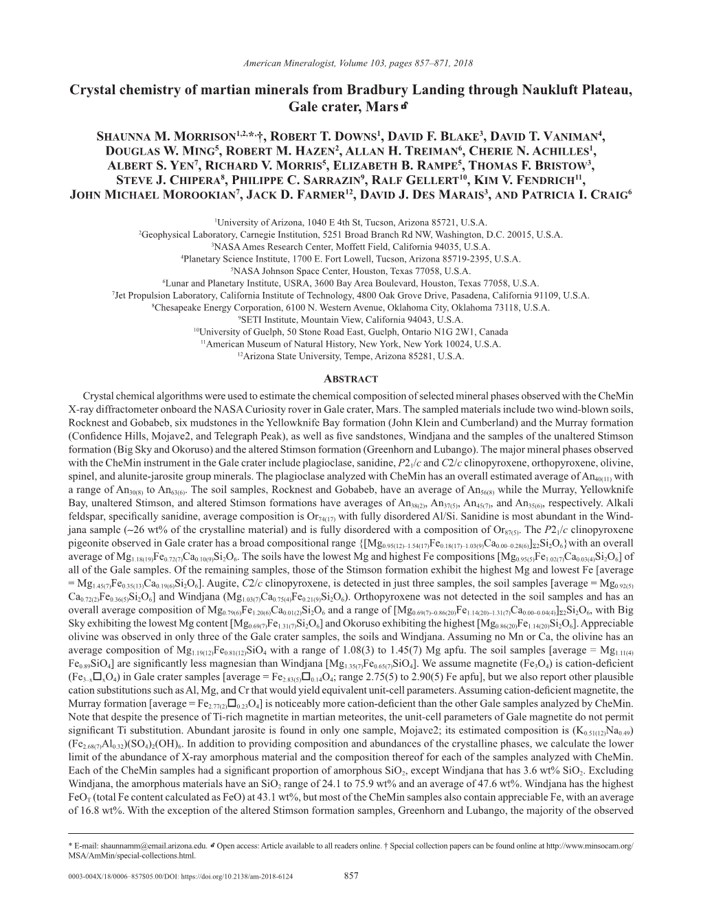 Crystal Chemistry of Martian Minerals from Bradbury Landing Through Naukluft Plateau, K Gale Crater, Mars