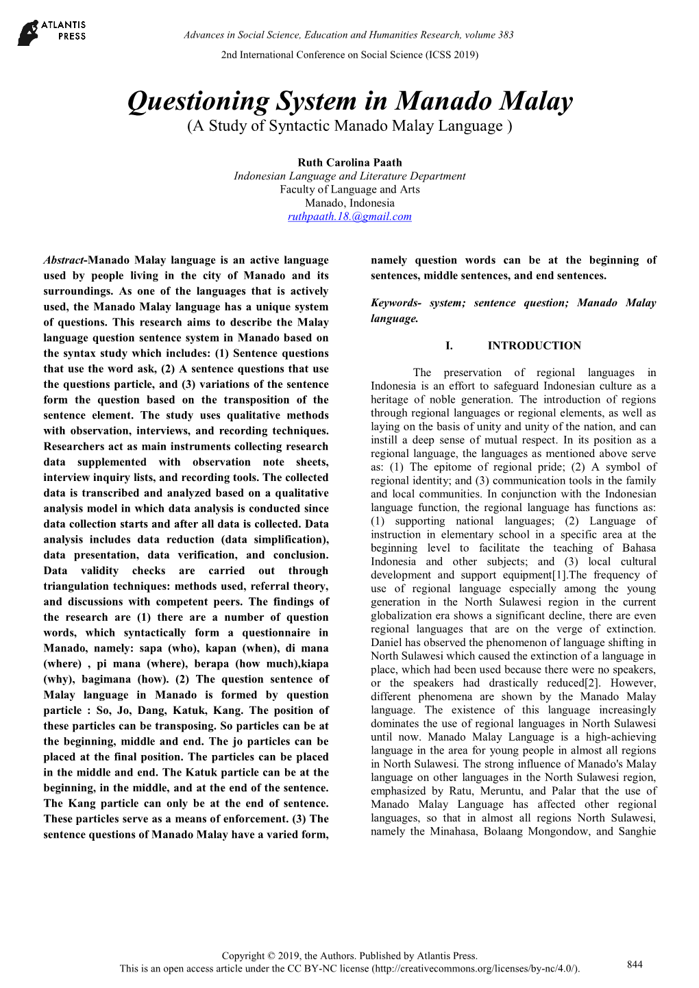 Questioning System in Manado Malay (A Study of Syntactic Manado Malay Language )