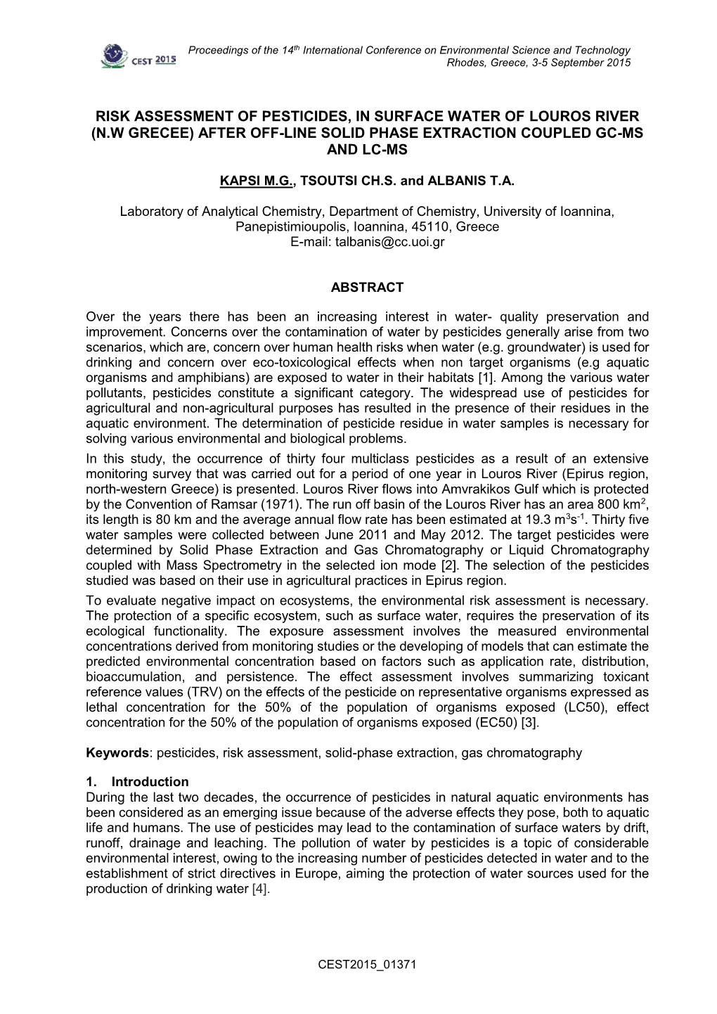 Risk Assessment of Pesticides, in Surface Water of Louros River (N.W Grecee) After Off-Line Solid Phase Extraction Coupled Gc-Ms and Lc-Ms