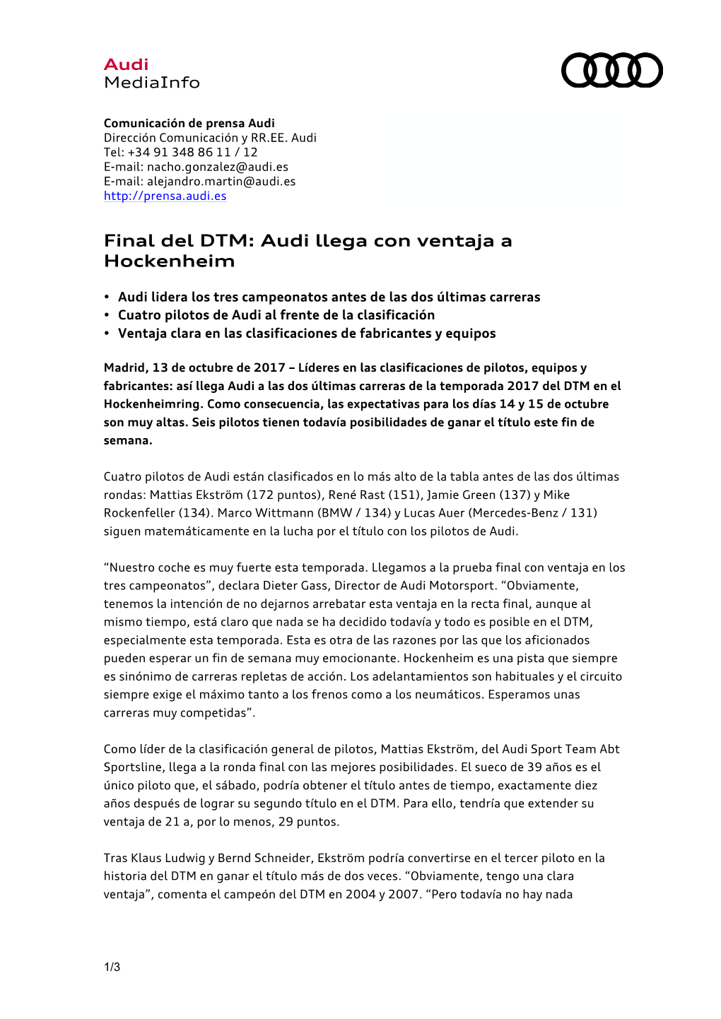 Final Del DTM: Audi Llega Con Ventaja a Hockenheim