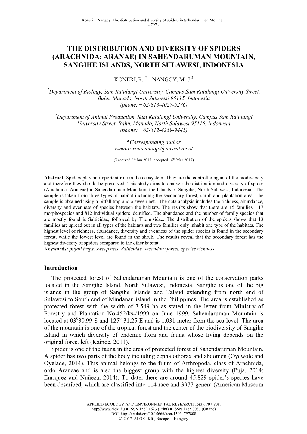 The Distribution and Diversity of Spiders (Arachnida: Aranae) in Sahendaruman Mountain, Sangihe Islands, North Sulawesi, Indonesia