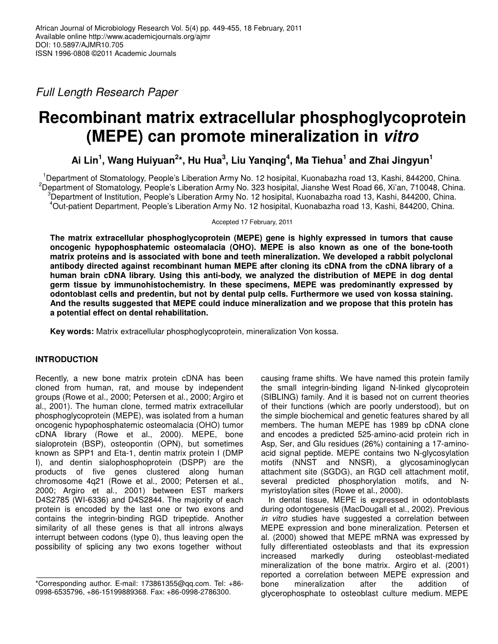 Recombinant Matrix Extracellular Phosphoglycoprotein (MEPE) Can Promote Mineralization in Vitro