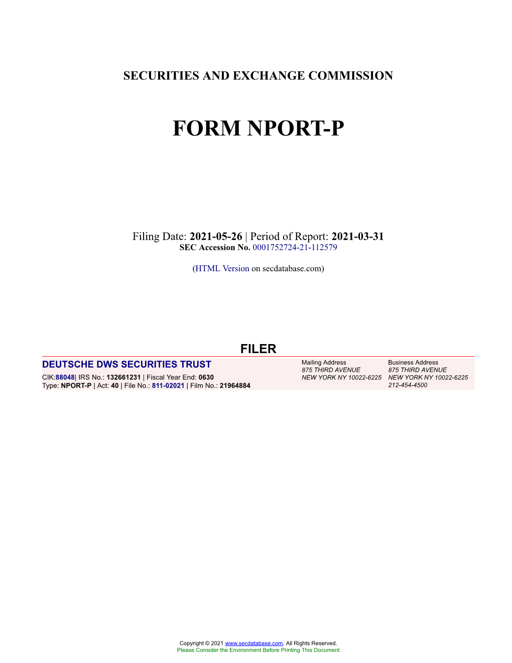 DEUTSCHE DWS SECURITIES TRUST Form NPORT-P Filed 2021