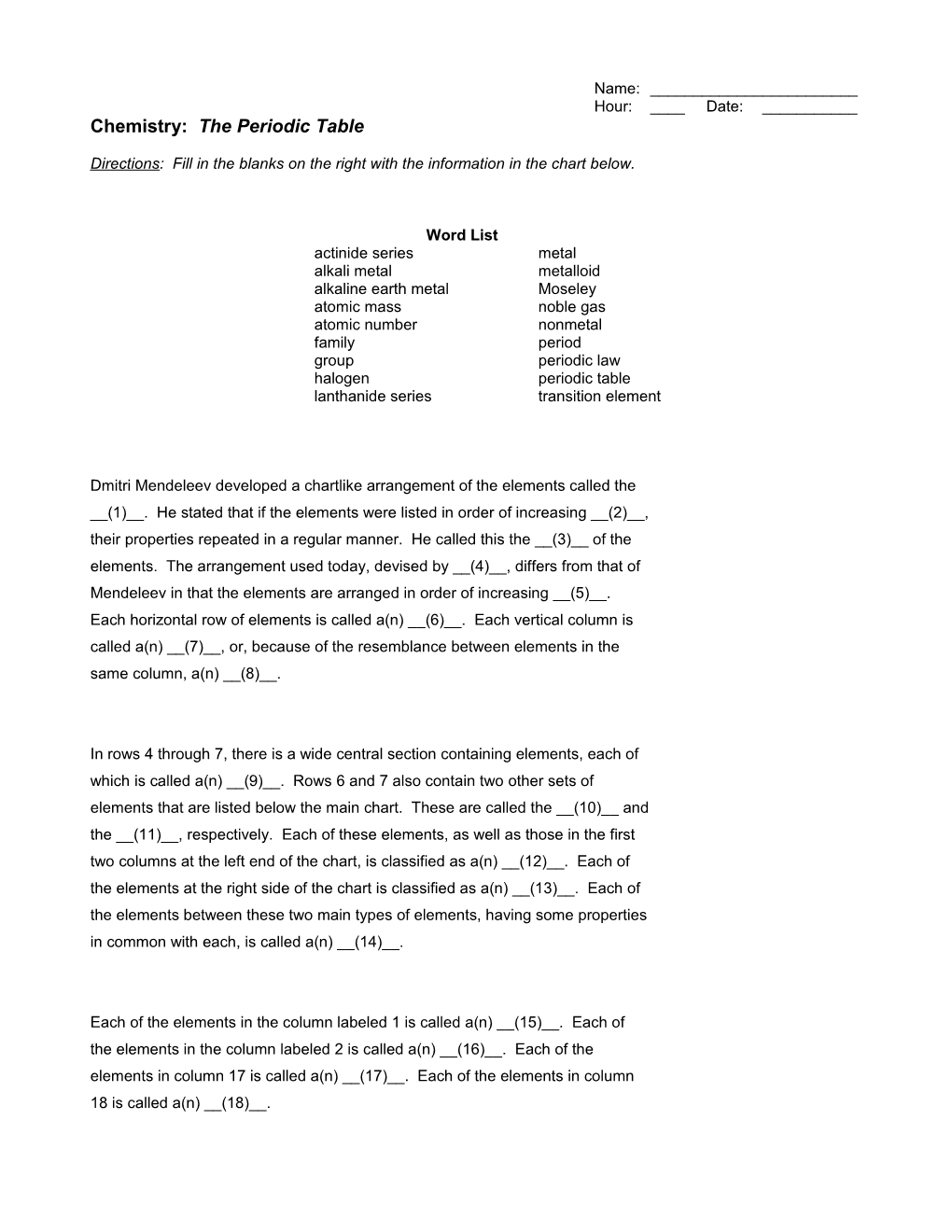 Periodic Table Word List Paragraph