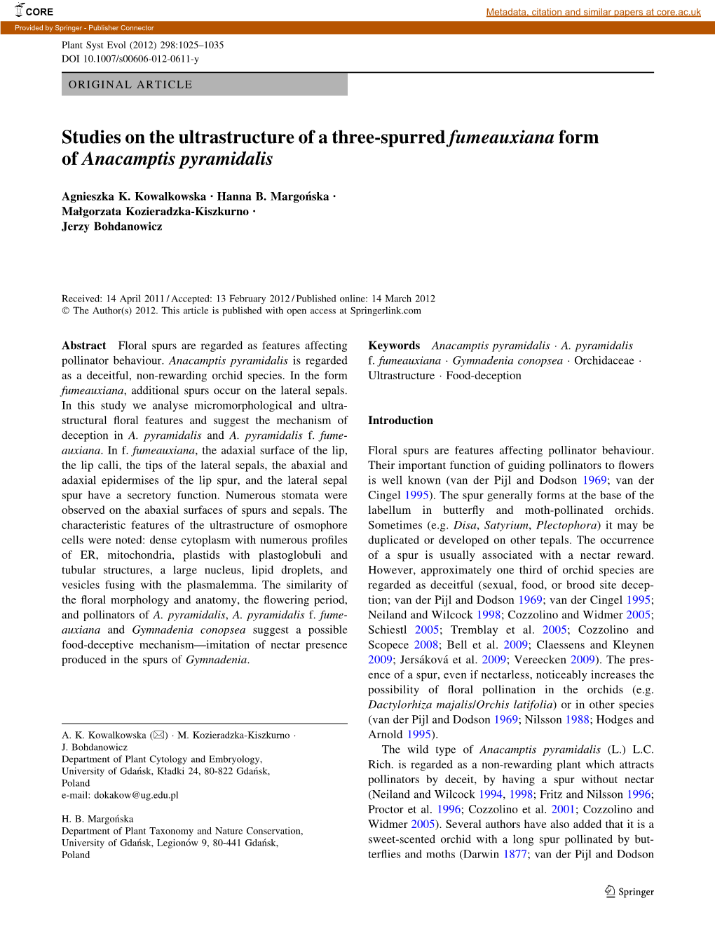 Studies on the Ultrastructure of a Three-Spurred Fumeauxiana Form of Anacamptis Pyramidalis