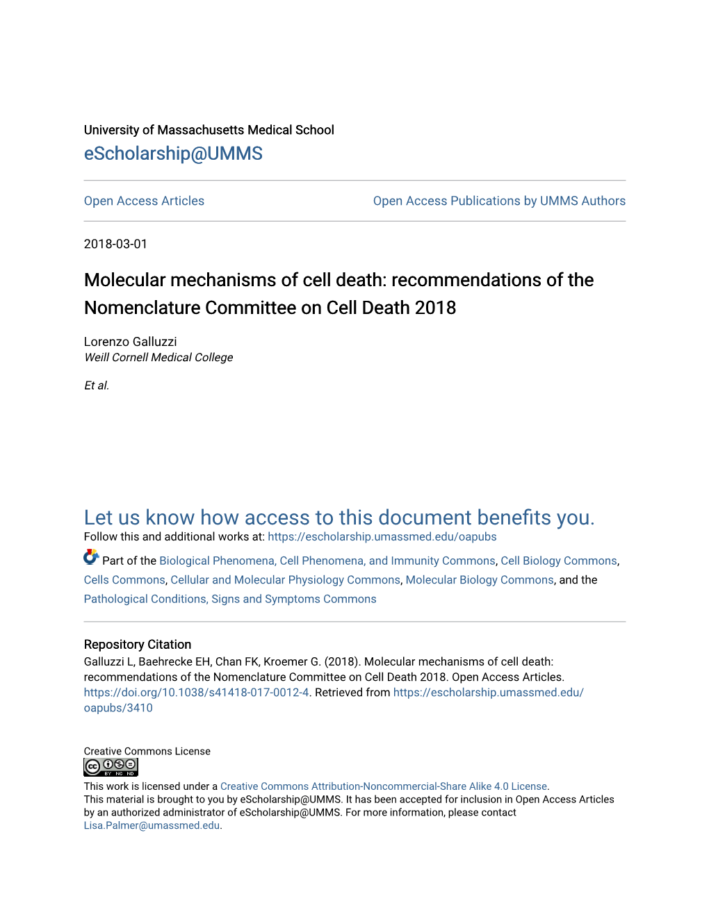 Molecular Mechanisms of Cell Death: Recommendations of the Nomenclature Committee on Cell Death 2018