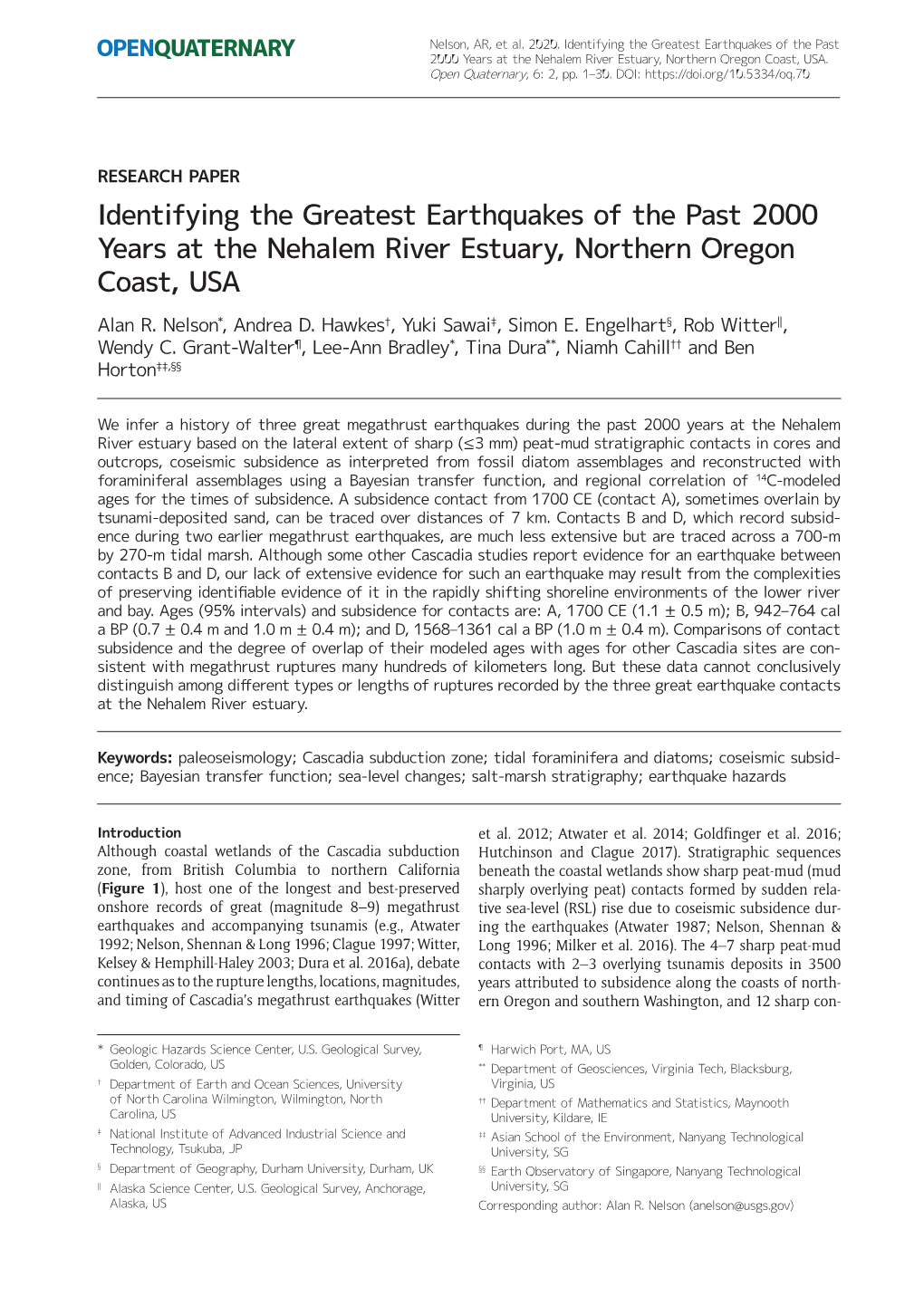 Identifying the Greatest Earthquakes of the Past 2000 Years at the Nehalem River Estuary, Northern Oregon Coast, USA