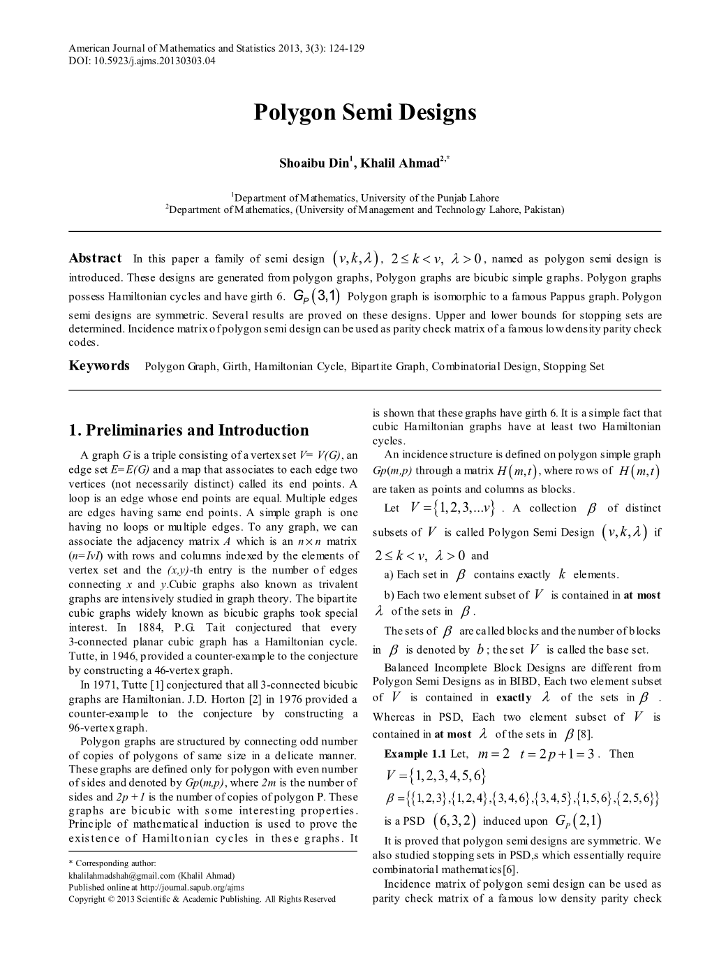 Polygon Graph, Girth, Hamiltonian Cycle, Bipartite Graph, Combinatorial Design, Stopping Set