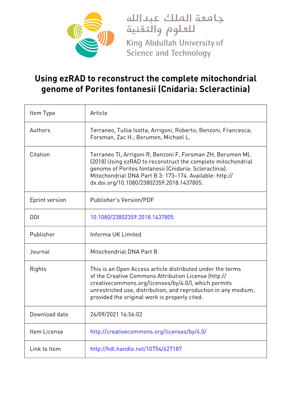 Using Ezrad to Reconstruct the Complete Mitochondrial Genome of Porites Fontanesii (Cnidaria: Scleractinia)