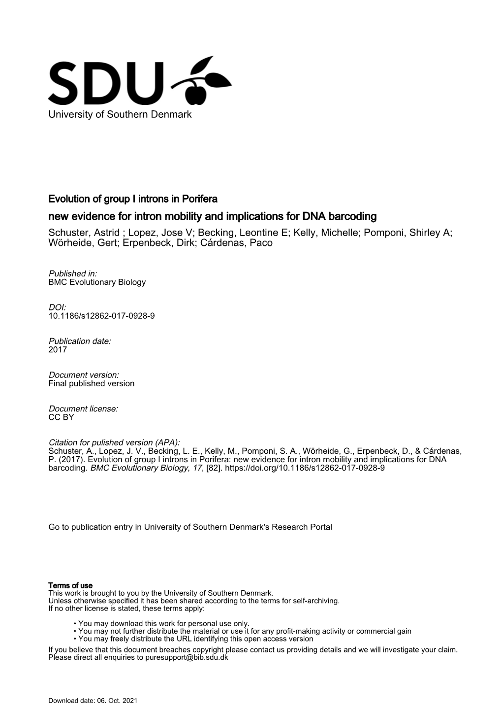 Evolution of Group I Introns in Porifera