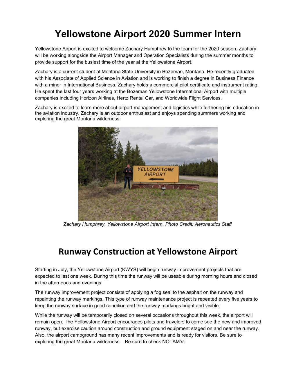 Yellowstone Airport Summer Intern July 2020