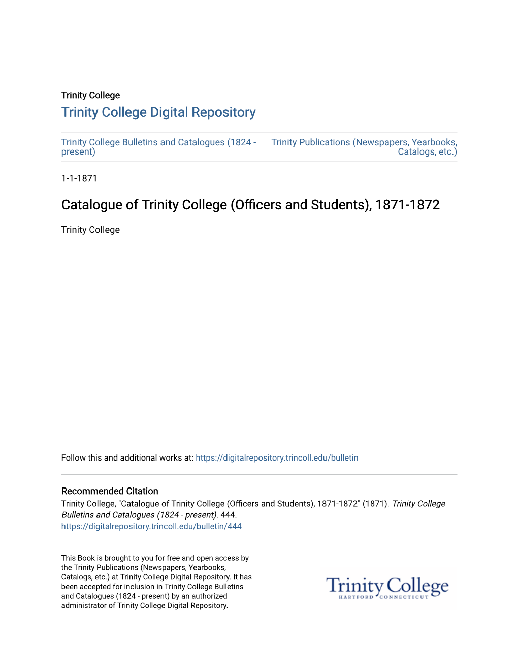 Catalogue of Trinity College (Officers and Students), 1871-1872