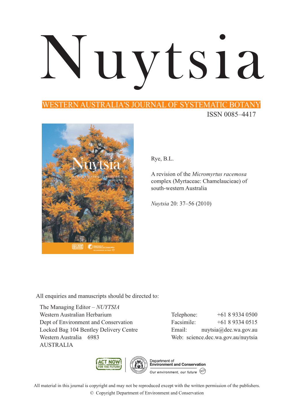 Nuytsia WESTERN AUSTRALIA's JOURNAL of SYSTEMATIC BOTANY ISSN 0085–4417