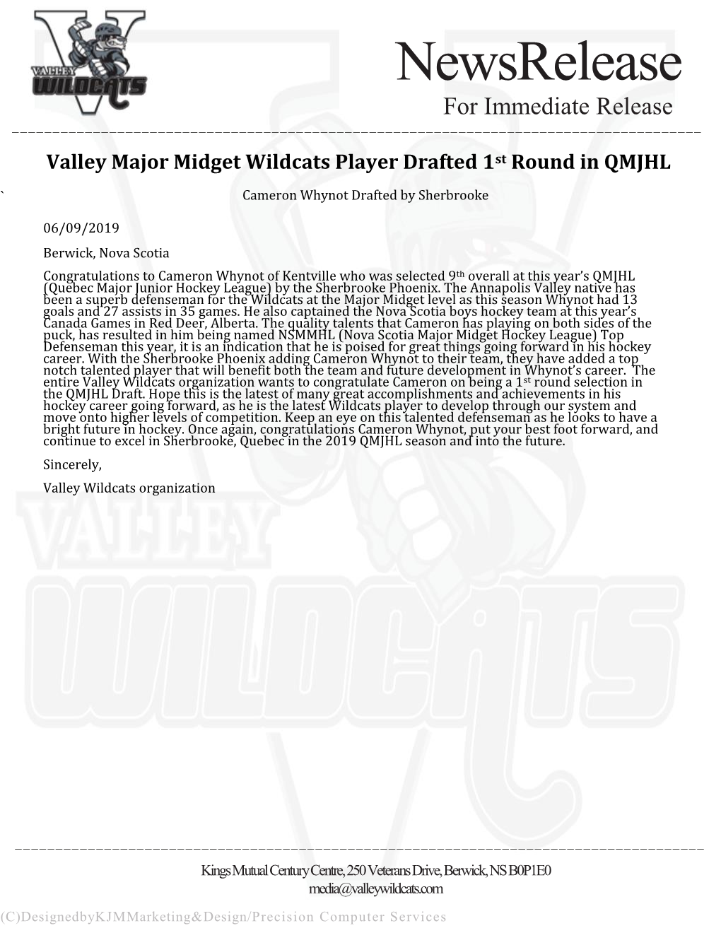 Valley Major Midget Wildcats Player Drafted 1 St Round in QMJHL
