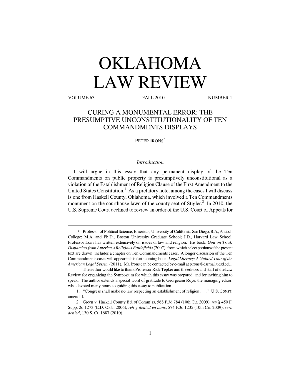 Oklahoma Law Review Volume 63 Fall 2010 Number 1