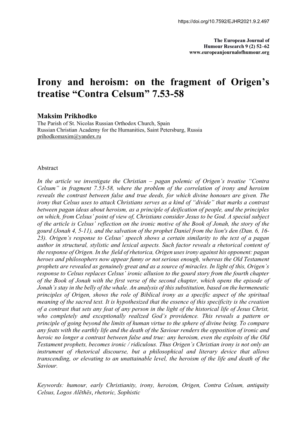 On the Fragment of Origen's Treatise “Contra Celsum” 7.53-58