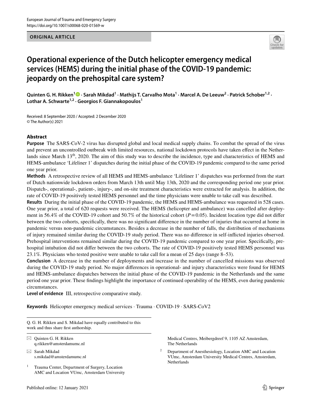 Operational Experience of the Dutch Helicopter Emergency Medical Services (HEMS) During the Initial Phase of the COVID-19 Pandem