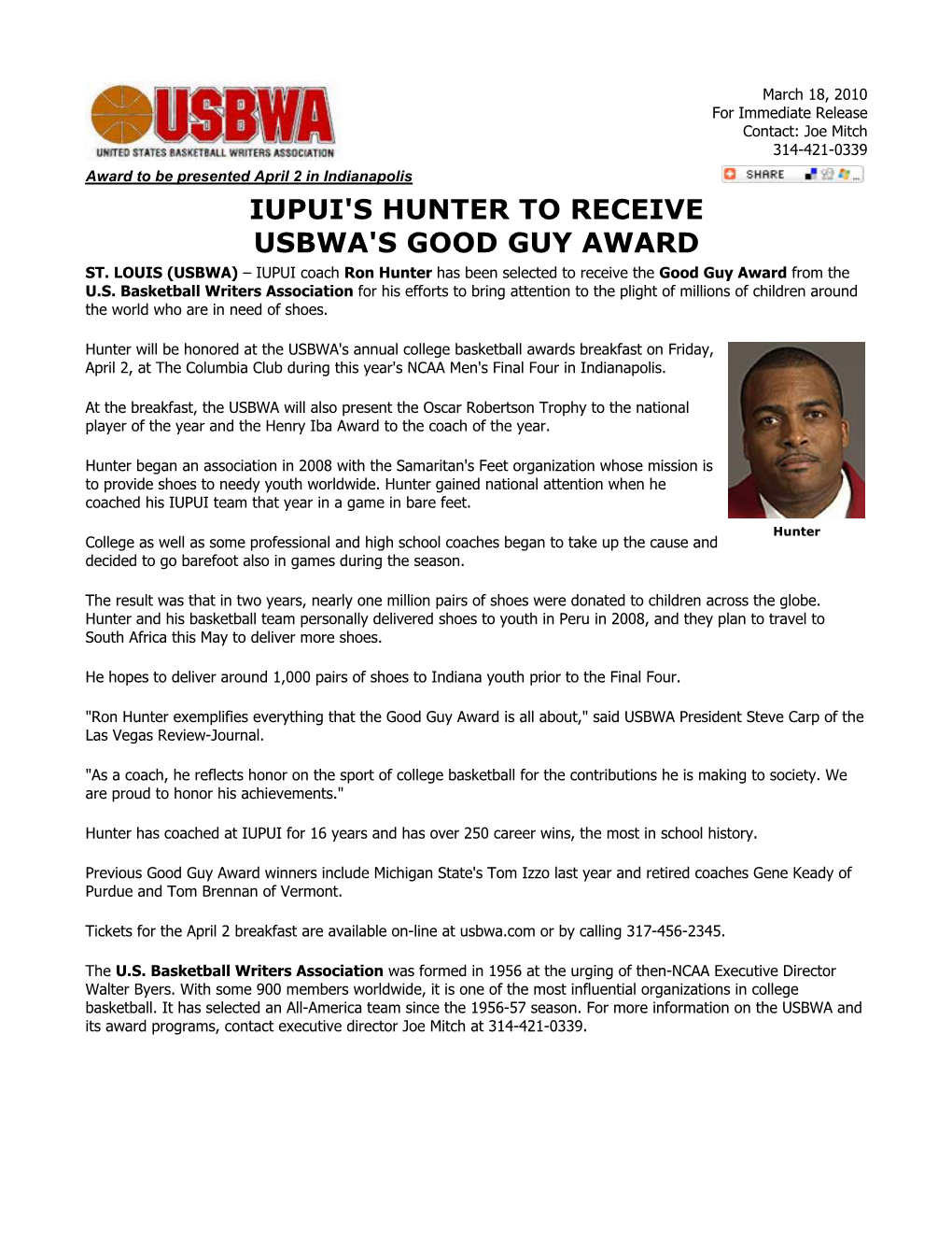 Iupui's Hunter to Receive Usbwa's Good Guy Award St