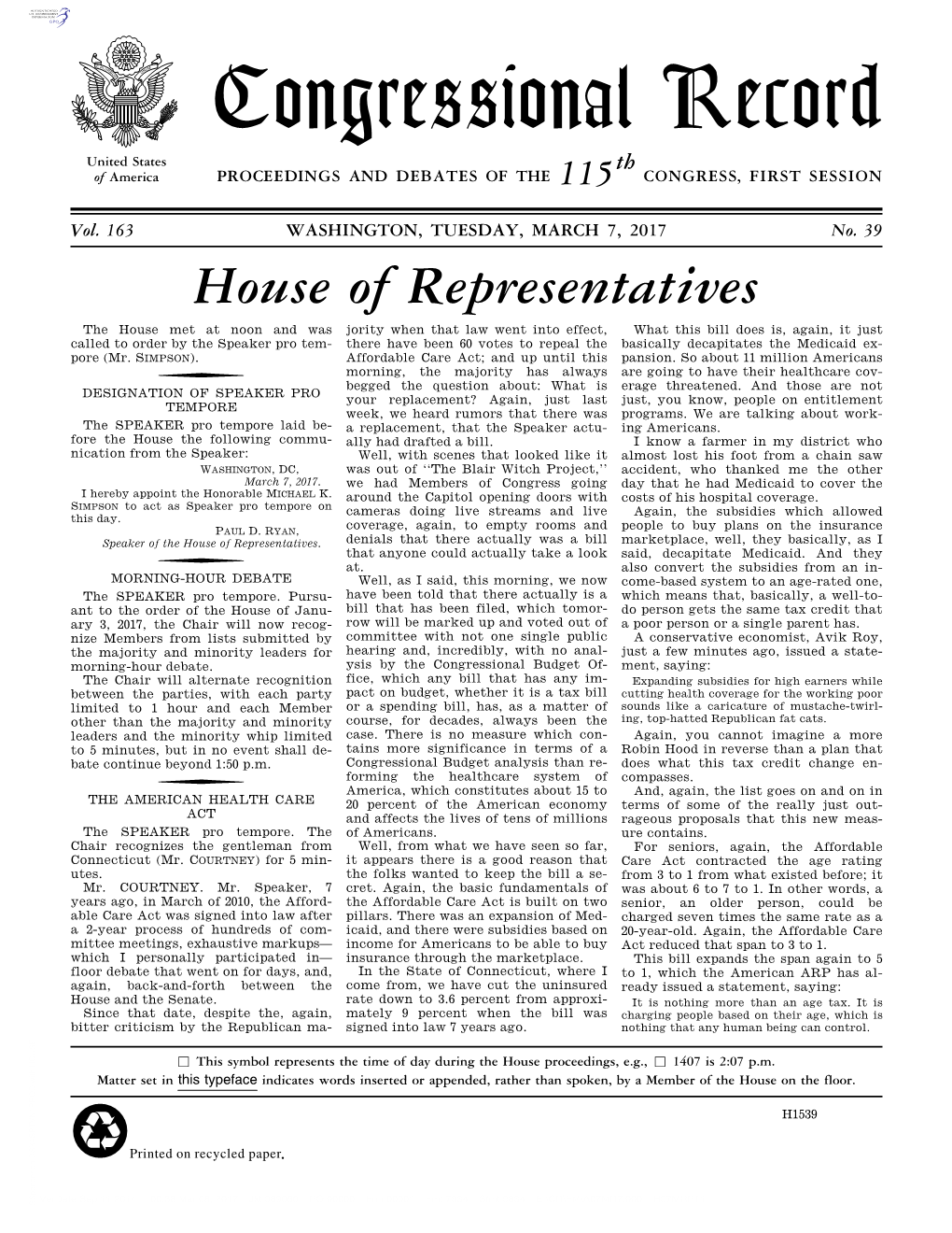 Congressional Record United States Th of America PROCEEDINGS and DEBATES of the 115 CONGRESS, FIRST SESSION