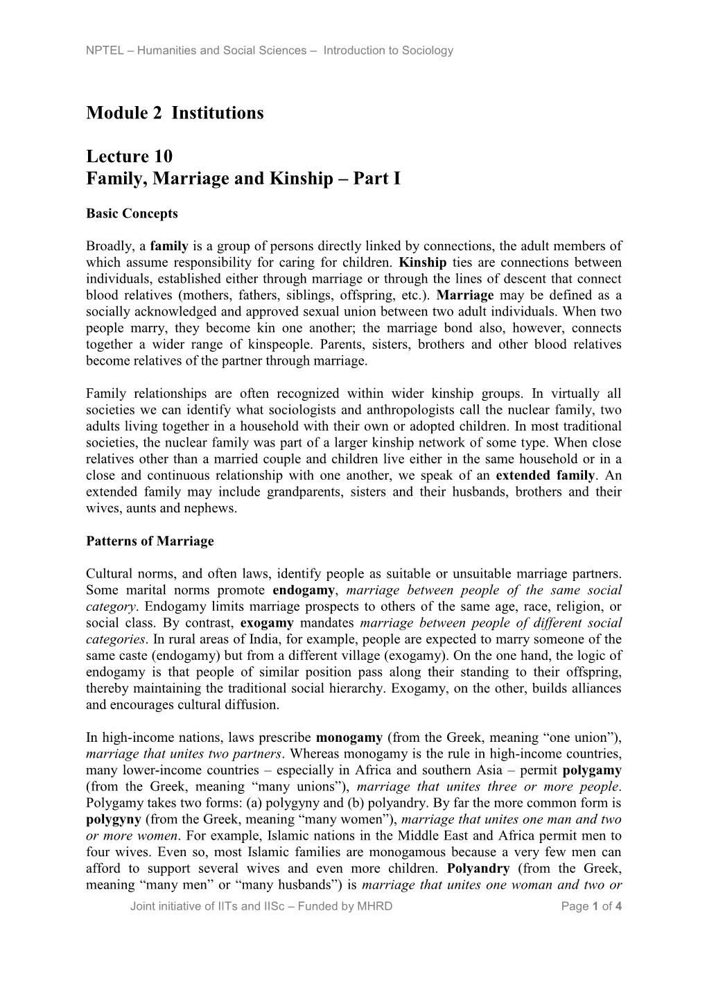 Module 2 Institutions Lecture 10 Family, Marriage and Kinship – Part I