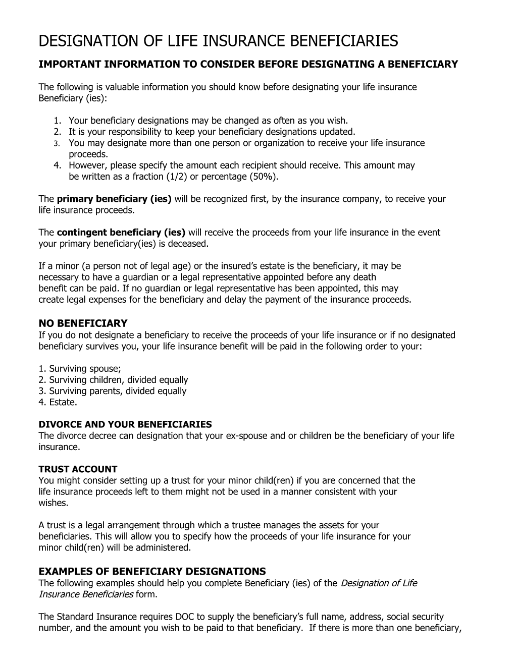 Designation Of Life Insurance Beneficiaries