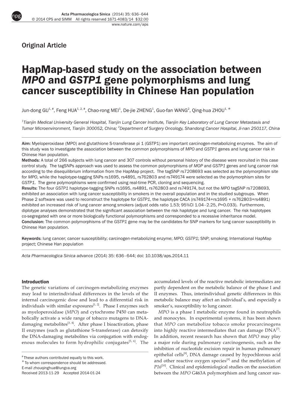 Hapmap-Based Study on the Association Between MPO and GSTP1 Gene Polymorphisms and Lung Cancer Susceptibility in Chinese Han Population