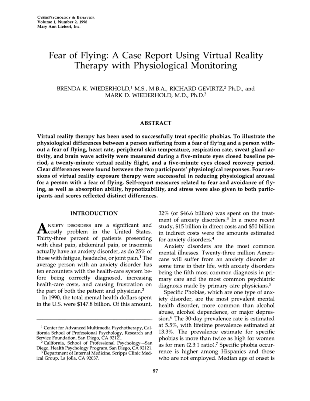 Fear of Flying: a Case Report Using Virtual Reality Therapy with Physiological Monitoring