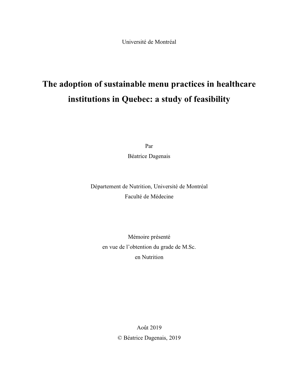 The Adoption of Sustainable Menu Practices in Healthcare Institutions in Quebec: a Study of Feasibility