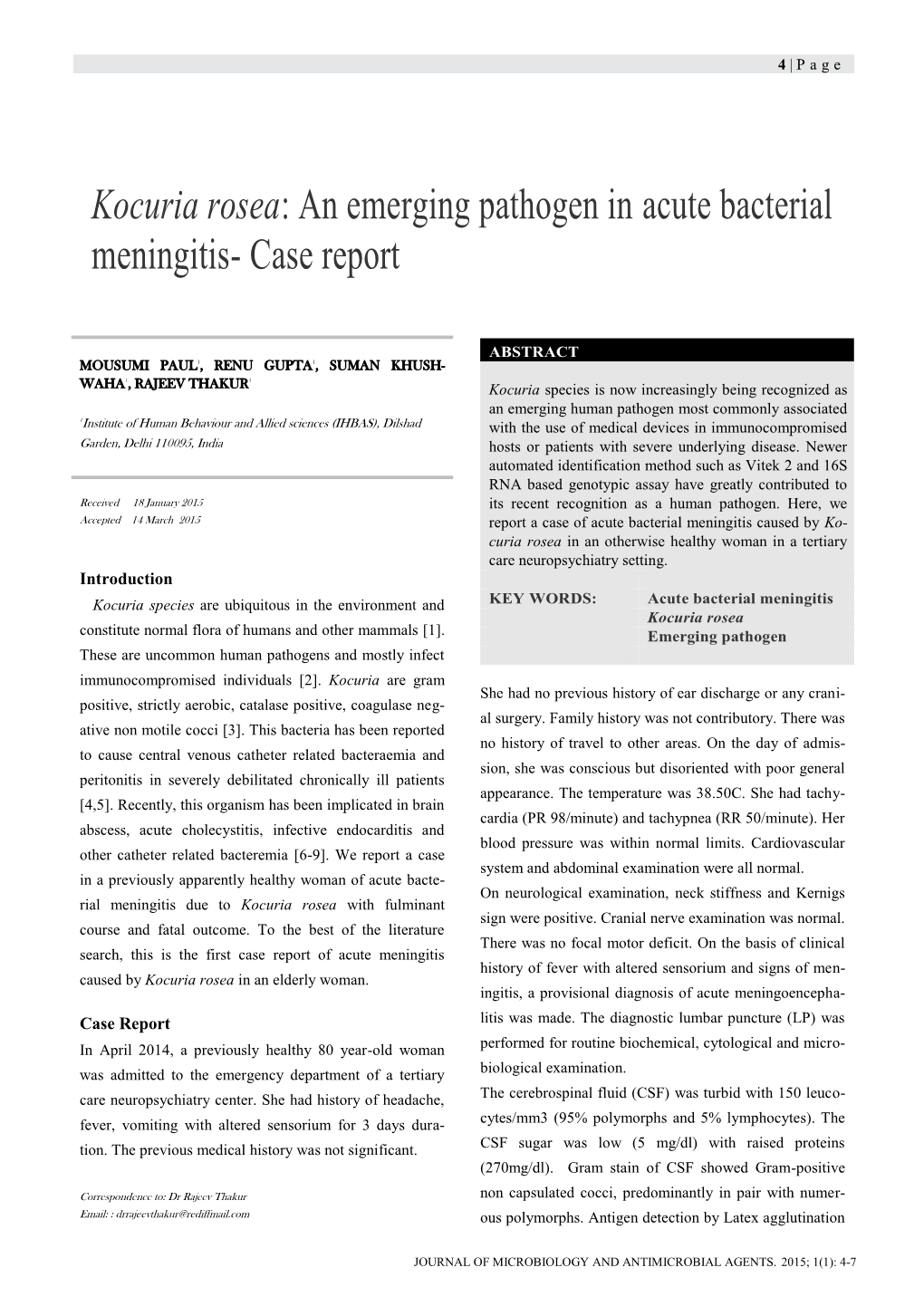 Kocuria Rosea: an Emerging Pathogen in Acute Bacterial Meningitis