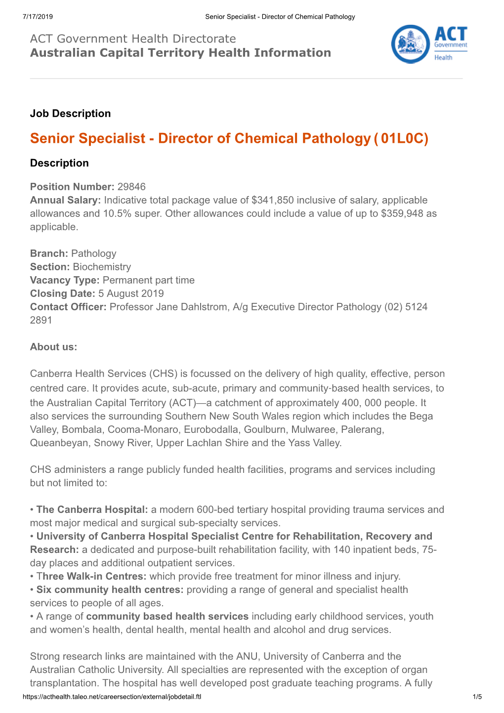 Senior Specialist - Director of Chemical Pathology