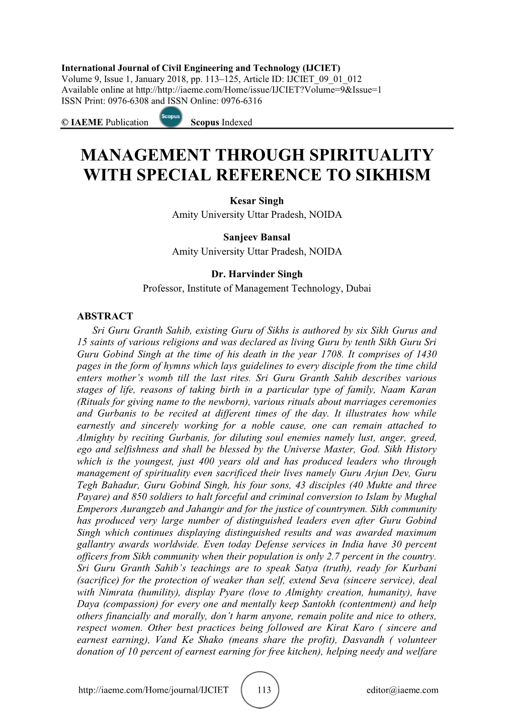 Management Through Spirituality with Special Reference to Sikhism