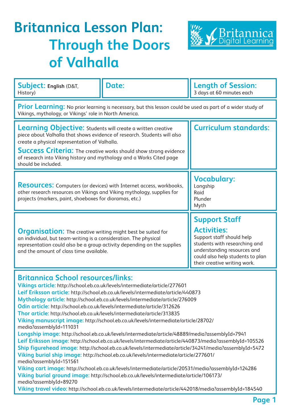 Britannica Lesson Plan: Through the Doors of Valhalla