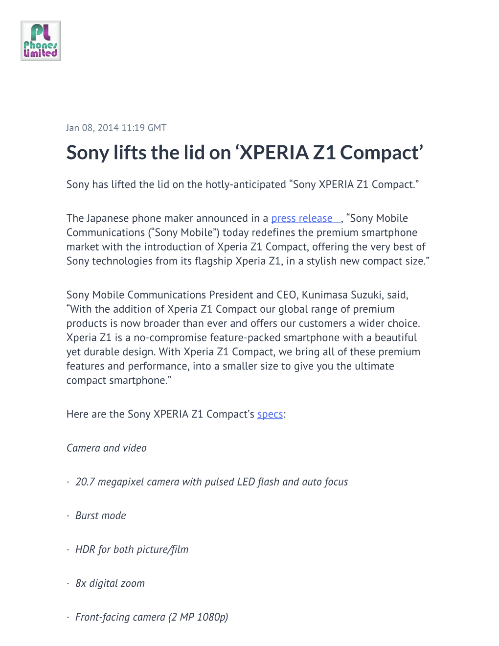 Sony Lifts the Lid on 'XPERIA Z1 Compact'