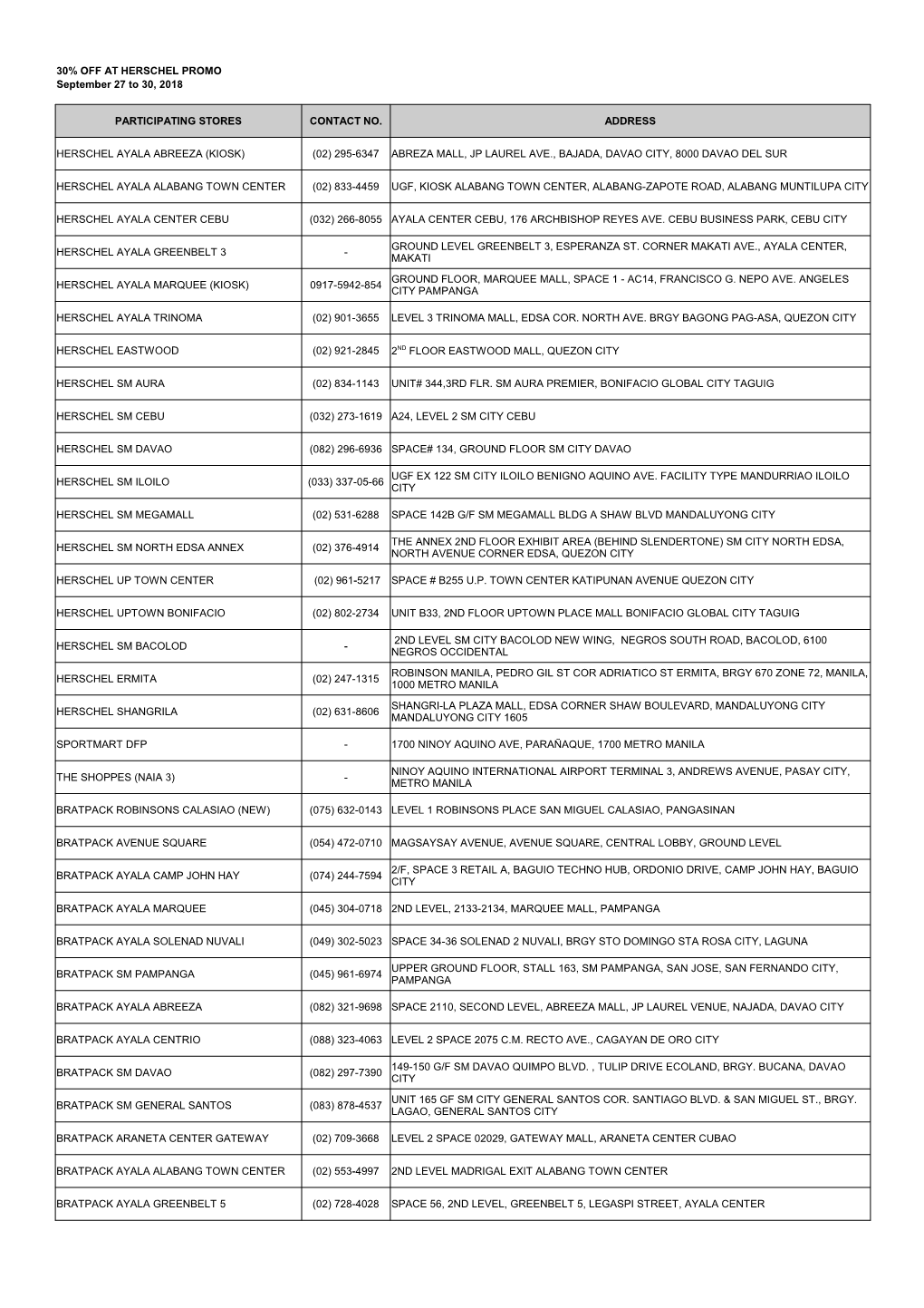 30% OFF at HERSCHEL PROMO September 27 to 30, 2018 PARTICIPATING STORES CONTACT NO. ADDRESS HERSCHEL AYALA ABREEZA