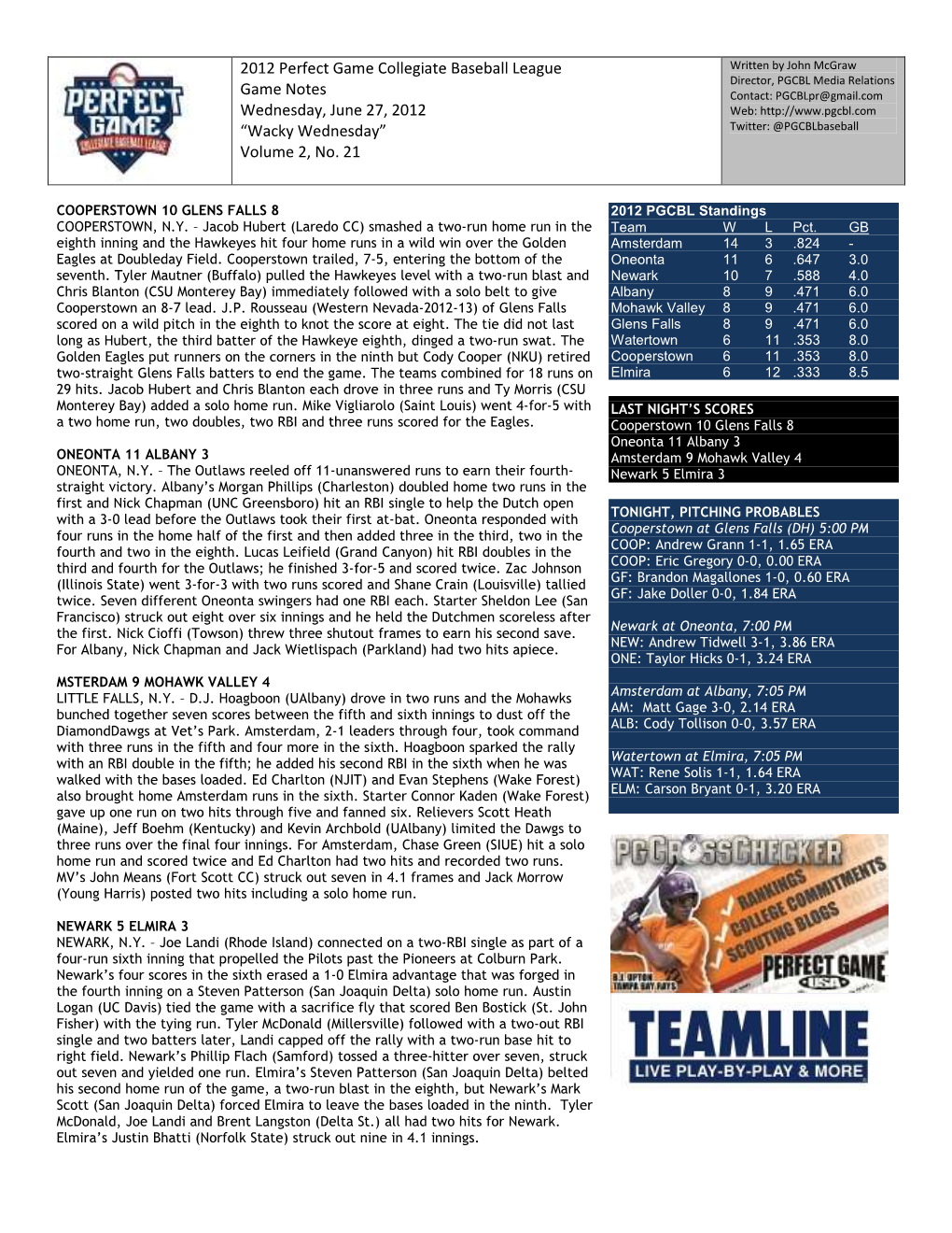 2012 Perfect Game Collegiate Baseball League Game Notes