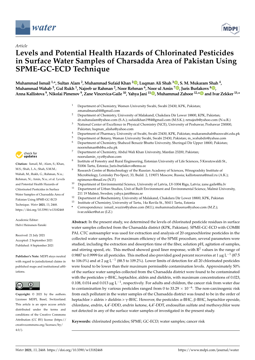 Levels and Potential Health Hazards of Chlorinated Pesticides in Surface Water Samples of Charsadda Area of Pakistan Using SPME-GC-ECD Technique