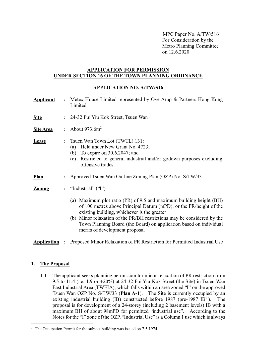 MPC Paper No. A/TW/516 for Consideration by the Metro Planning Committee on 12.6.2020