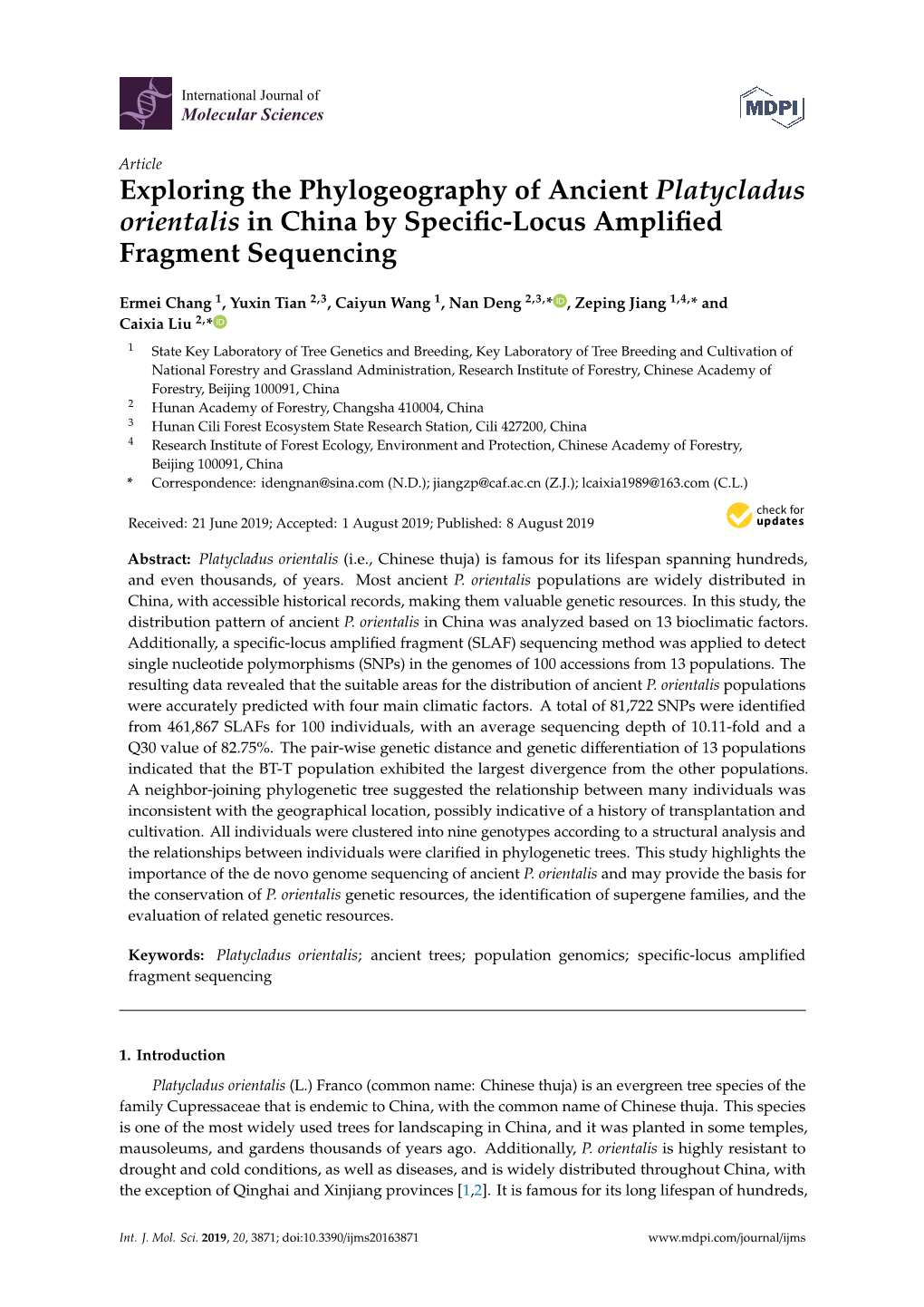 Exploring the Phylogeography of Ancient Platycladus Orientalis in China by Speciﬁc-Locus Ampliﬁed Fragment Sequencing