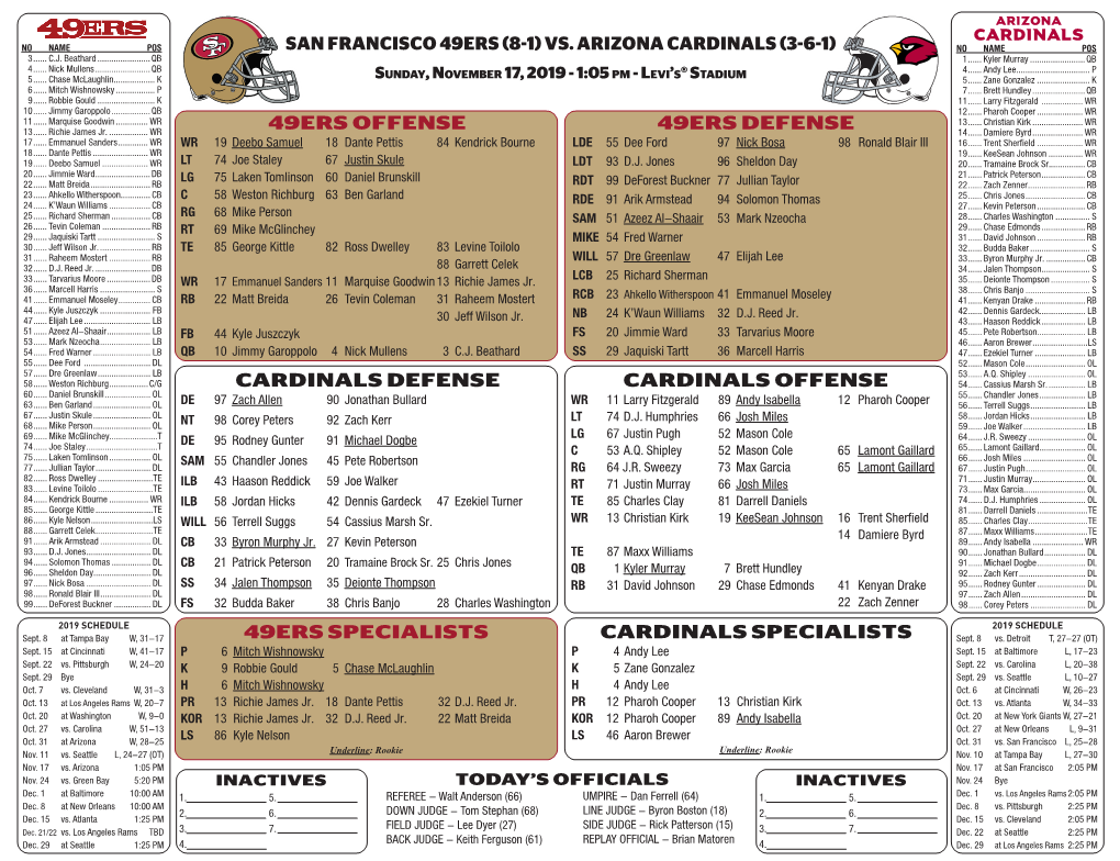 San Francisco 49Ers (8-1) Vs