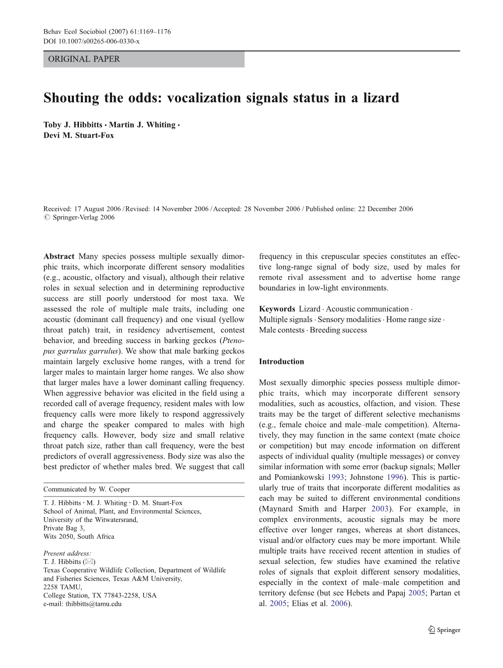 Vocalization Signals Status in a Lizard