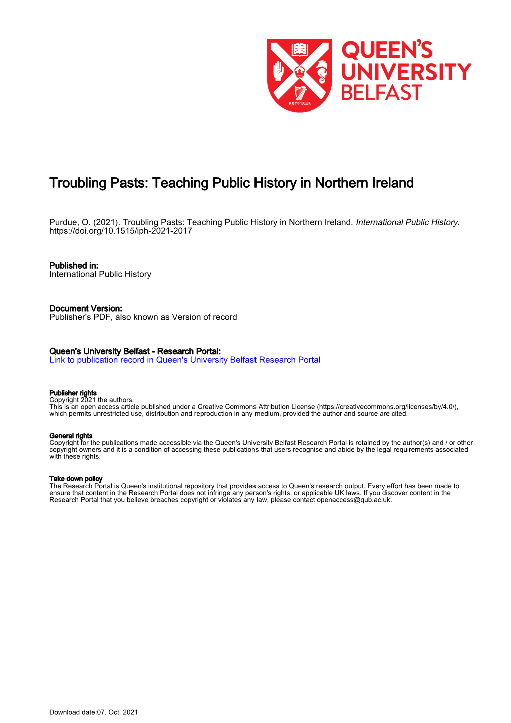 Troubling Pasts: Teaching Public History in Northern Ireland
